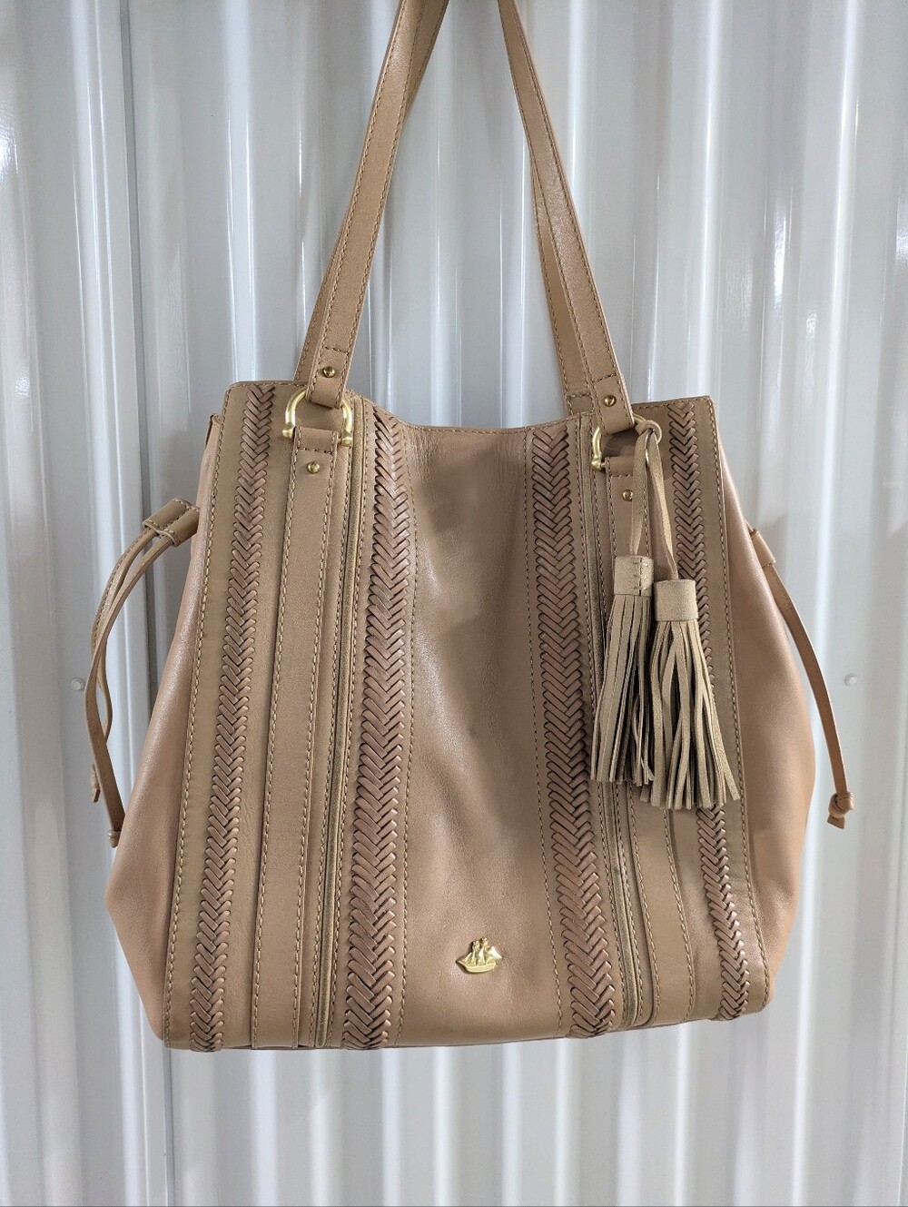 Brahmin Woven Tassel Tote Bag - Nude Beige